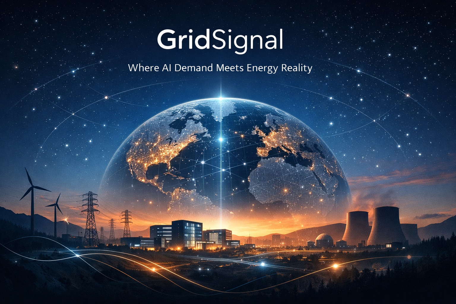 GridSignal. Where AI Demand Meets Energy Reality. A connected globe above energy and data infrastructure.